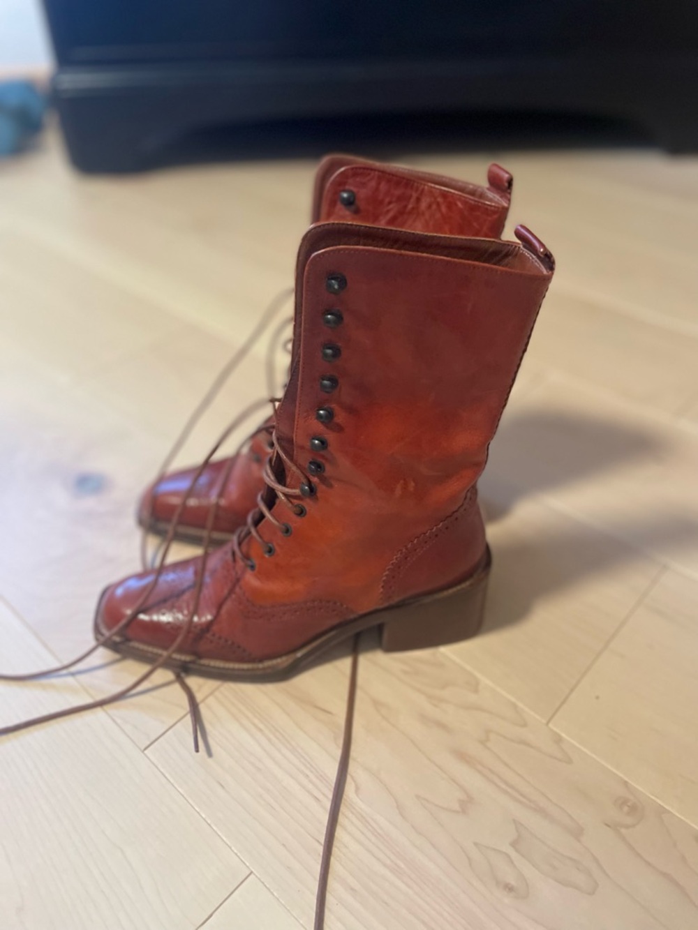 Joan & David Cognac Couture Leather Lace Up Boots Made in Italy -6.5